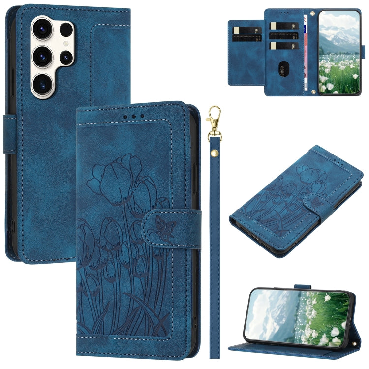 For Samsung Galaxy S25 Ultra 5G Tulips Embossed Leather Phone Case with Lanyard(Blue) - Galaxy S25 Ultra 5G Cases by buy2fix | Online Shopping UK | buy2fix