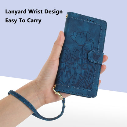 For Samsung Galaxy S25 Ultra 5G Tulips Embossed Leather Phone Case with Lanyard(Blue) - Galaxy S25 Ultra 5G Cases by buy2fix | Online Shopping UK | buy2fix