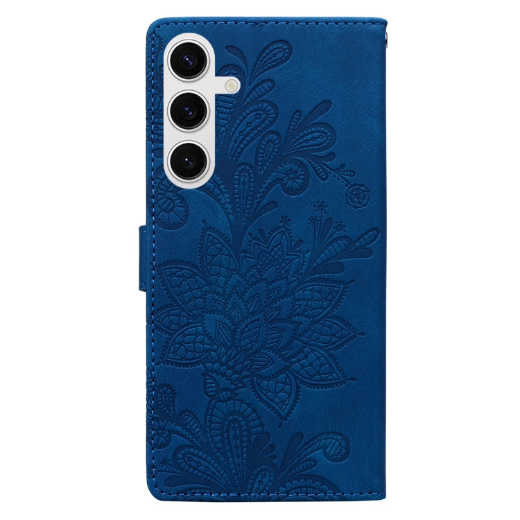 For Samsung Galaxy S25+ 5G Lace Floral Embossed Magnetic Buckle PU Phone Case With Wrist Strap(Blue) - Galaxy S25+ 5G Cases by buy2fix | Online Shopping UK | buy2fix