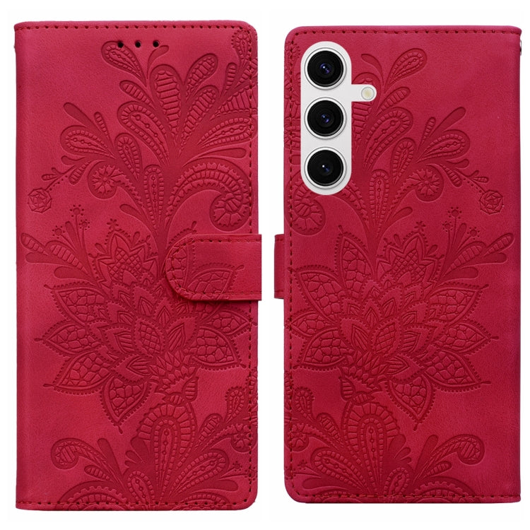 For Samsung Galaxy S25 5G Lace Floral Embossed Magnetic Buckle PU Phone Case With Wrist Strap(Red) - Galaxy S25 5G Cases by buy2fix | Online Shopping UK | buy2fix