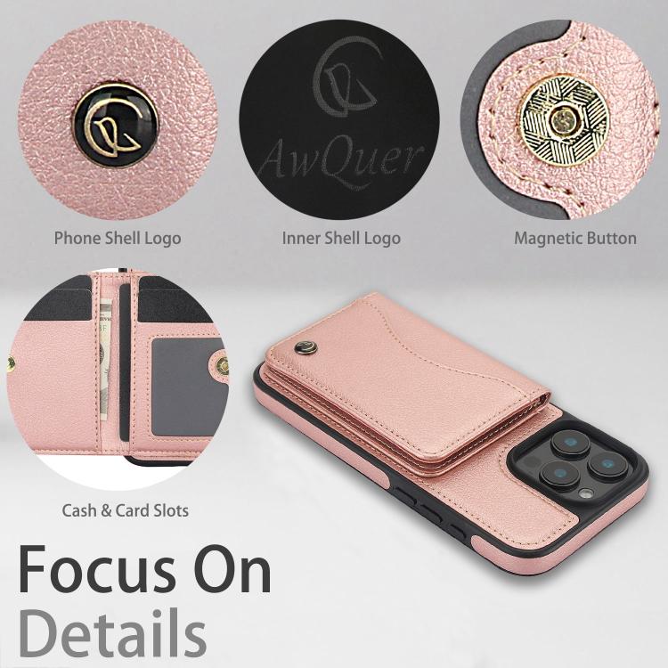 For iPhone 16 Pro AwQuer Horizontal Flip Card Bag Holder Leather Phone Case(Rose Gold) - iPhone 16 Pro Cases by Awquer | Online Shopping UK | buy2fix