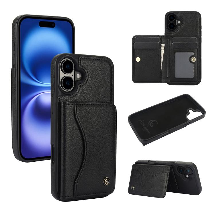 For iPhone 16 AwQuer Horizontal Flip Card Bag Holder Leather Phone Case(Black) - iPhone 16 Cases by Awquer | Online Shopping UK | buy2fix