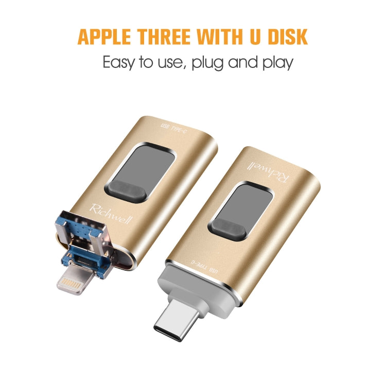 Richwell 3 in 1 64G Type-C + 8 Pin + USB 3.0 Metal Push-pull Flash Disk with OTG Function(Rose Gold) - U Disk & Card Reader by Richwell | Online Shopping UK | buy2fix