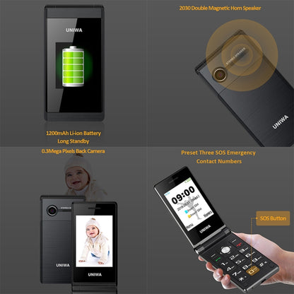 UNIWA X28 Dual-screen Flip Phone, 2.8 inch + 1.77 inch, MT6261D, Support Bluetooth, FM, SOS, GSM, Dual SIM(Gold) - UNIWA by UNIWA | Online Shopping UK | buy2fix