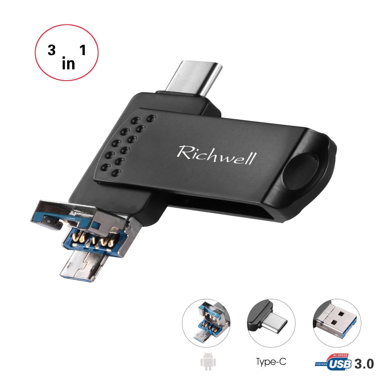 Richwell 3 in 1 32G Type-C + Micro USB + USB 3.0 Metal Flash Disk with OTG Function(Black) - U Disk & Card Reader by Richwell | Online Shopping UK | buy2fix