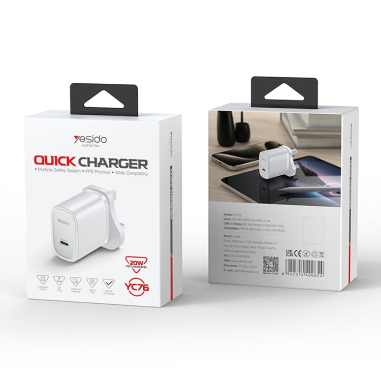 Yesido YC76 PD 20W USB-C / Type-C Single Port Quick Charger, UK Plug (White) - USB Charger by Yesido | Online Shopping UK | buy2fix
