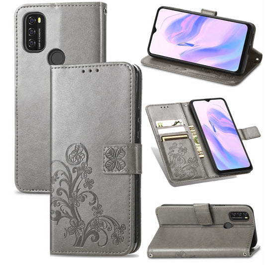For Blackview A70 Four-leaf Clasp Embossed Buckle Mobile Phone Protection Leather Case with Lanyard & Card Slot & Wallet & Bracket Function(Gray) - More Brand by buy2fix | Online Shopping UK | buy2fix