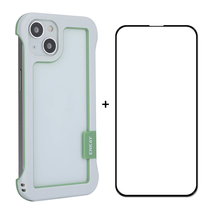 For iPhone 13 ENKAY Frameless Hollow PC Case + Glass Film(White) - iPhone 13 Cases by ENKAY | Online Shopping UK | buy2fix