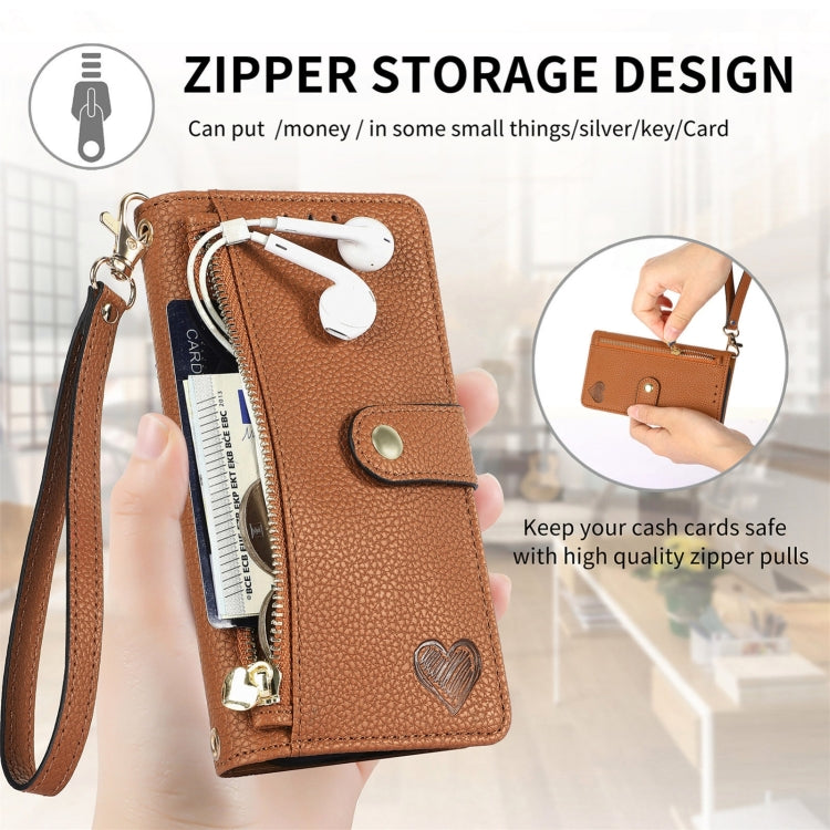 For iPhone 16 Pro Love Zipper Lanyard Leather Phone Case(Brown) - iPhone 16 Pro Cases by buy2fix | Online Shopping UK | buy2fix