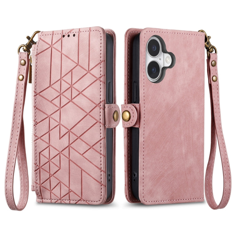 For iPhone 16 Geometric Zipper Wallet Side Buckle Leather Phone Case(Pink) - iPhone 16 Cases by buy2fix | Online Shopping UK | buy2fix