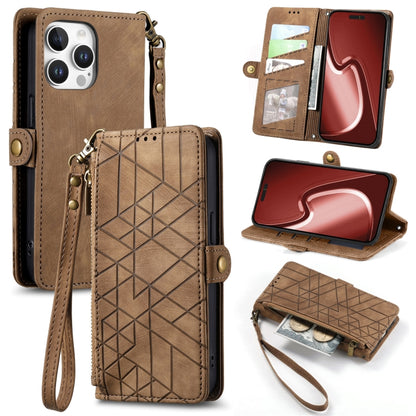 For iPhone 16 Pro Geometric Zipper Wallet Side Buckle Leather Phone Case(Brown) - iPhone 16 Pro Cases by buy2fix | Online Shopping UK | buy2fix