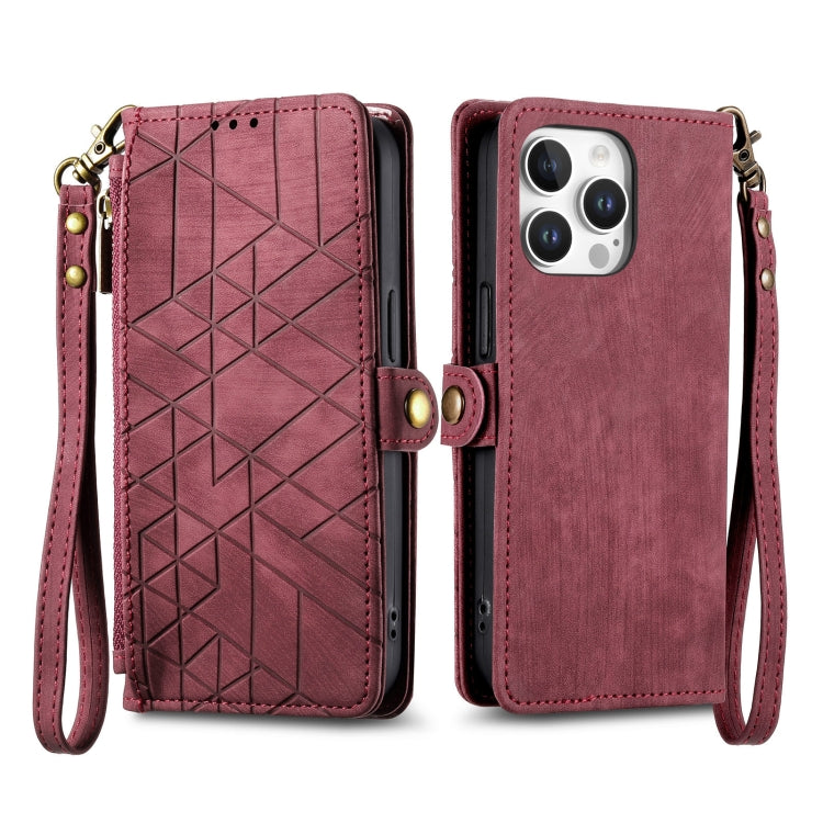 For iPhone 16 Pro Geometric Zipper Wallet Side Buckle Leather Phone Case(Red) - iPhone 16 Pro Cases by buy2fix | Online Shopping UK | buy2fix