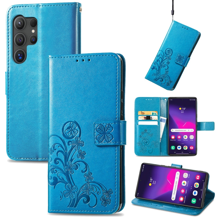 For Samsung Galaxy S24 Ultra 5G Four-leaf Clasp Embossed Buckle Leather Phone Case(Blue) - Galaxy S24 Ultra 5G Cases by buy2fix | Online Shopping UK | buy2fix