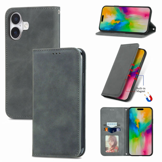 For iPhone 16 Retro Skin Feel Magnetic Flip Leather Phone Case(Gray) - iPhone 16 Cases by buy2fix | Online Shopping UK | buy2fix