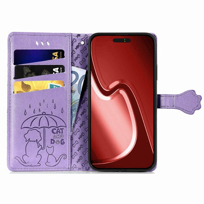 For iPhone 16 Pro Max Cat and Dog Embossed Leather Phone Case(Purple) - iPhone 16 Pro Max Cases by buy2fix | Online Shopping UK | buy2fix