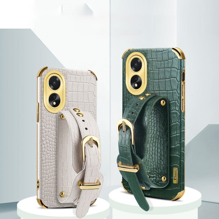 For OPPO A38 Electroplated Wrist Strap Crocodile Leather Back Phone Case(White) - A38 Cases by buy2fix | Online Shopping UK | buy2fix