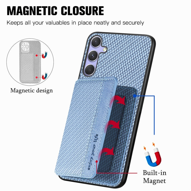 For Samsung Galaxy S25+ 5G Carbon Fiber Magnetic Card Wallet RFID Blocking Phone Case(Blue) - Galaxy S25+ 5G Cases by buy2fix | Online Shopping UK | buy2fix