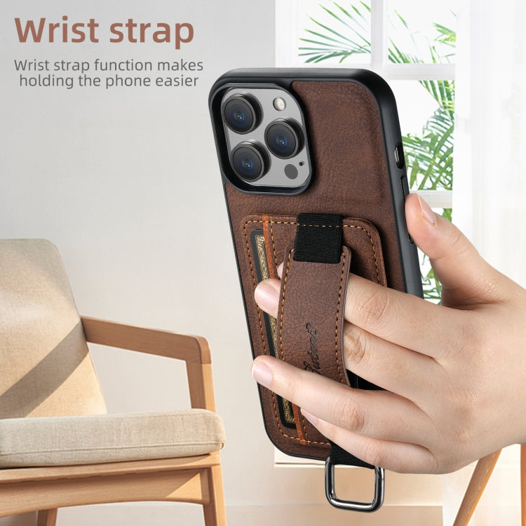 For iPhone 16 Plus Suteni H13 Litchi Leather Wrist Strap Wallet Back Phone Case(Brown) - iPhone 16 Plus Cases by Suteni | Online Shopping UK | buy2fix