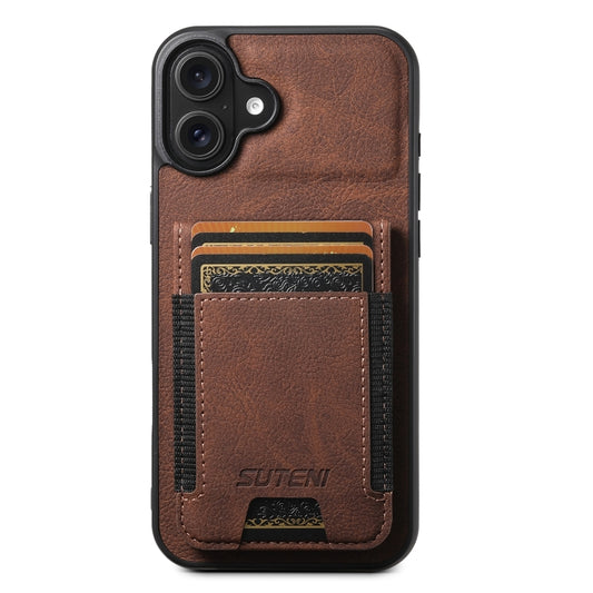 For iPhone 16 Suteni H03 Litchi Leather Card Bag Stand Back Phone Case(Brown) - iPhone 16 Cases by Suteni | Online Shopping UK | buy2fix