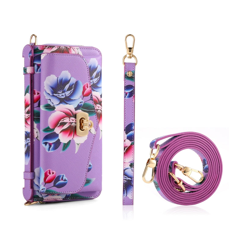 For iPhone 13 Pro MagSafe Flower Multi-functional Crossbody Zipper Wallet Leather Phone Case(Purple) - iPhone 13 Pro Cases by buy2fix | Online Shopping UK | buy2fix