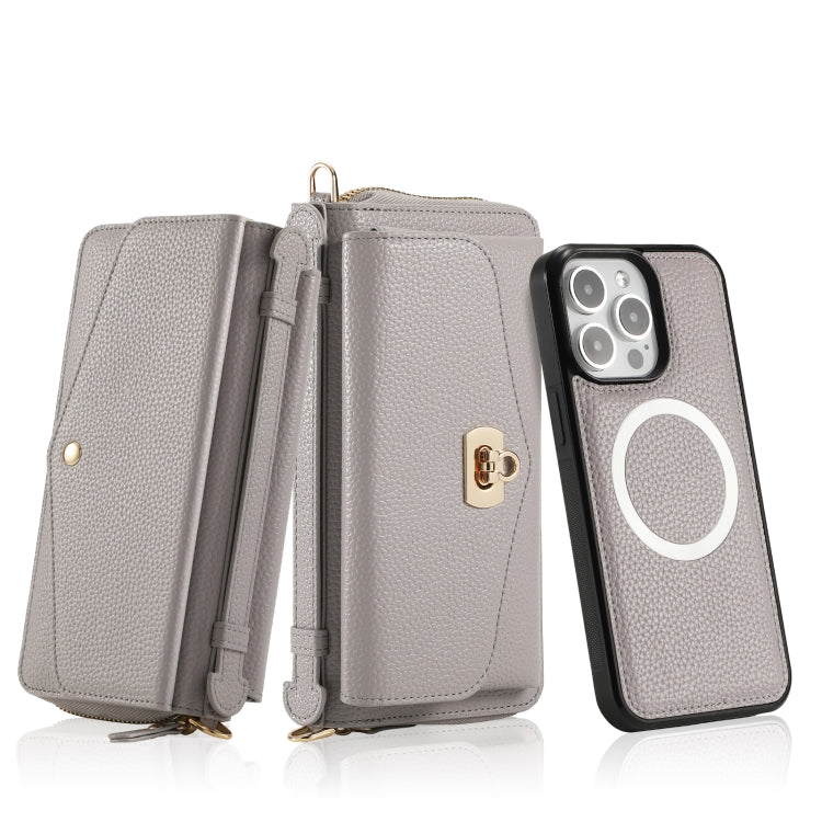 For iPhone 15 Plus MagSafe Crossbody Multi-functional Zipper Wallet Litchi Leather Phone Case(Grey) - iPhone 15 Plus Cases by buy2fix | Online Shopping UK | buy2fix