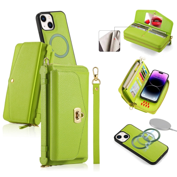 For iPhone 14 MagSafe Crossbody Multi-functional Zipper Wallet Litchi Leather Phone Case(Green) - iPhone 14 Cases by buy2fix | Online Shopping UK | buy2fix