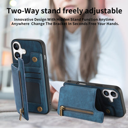 For iPhone 16 Retro Leather Zipper Wallet Back Phone Case(Blue) - More iPhone Cases by buy2fix | Online Shopping UK | buy2fix