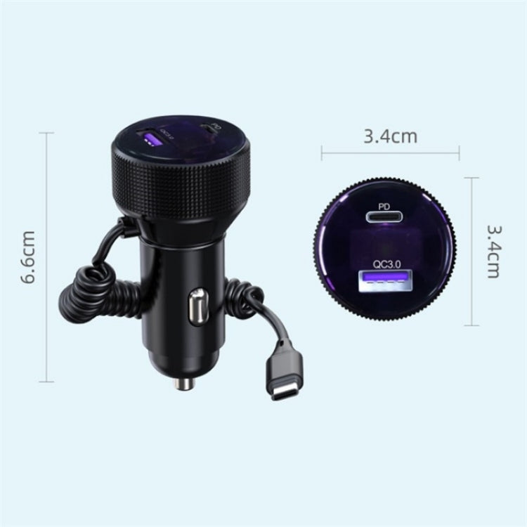 K18B 12-24V Car Charger USB+Type-C Dual Port Charging Adapter with PD 30W Type-C Spring Cable - Car Charger by buy2fix | Online Shopping UK | buy2fix