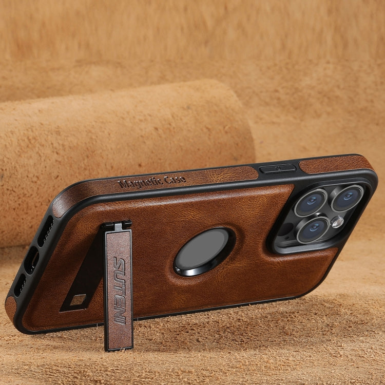 For iPhone 13 Pro Max Suteni G2 Magsafe Oil Wax Leather Back Phone Case with Holder(Brown) - iPhone 13 Pro Max Cases by Suteni | Online Shopping UK | buy2fix