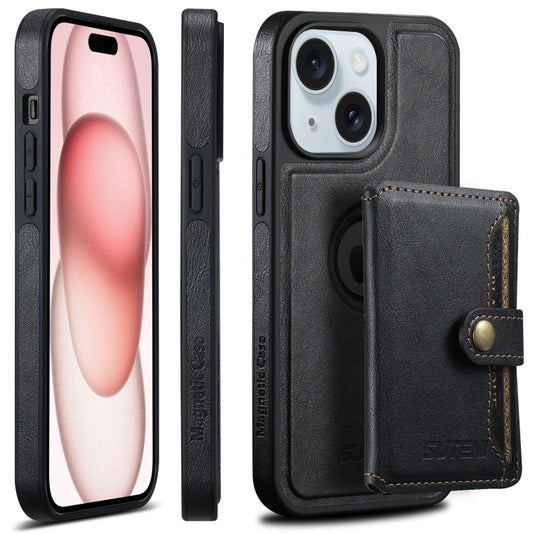 For iPhone 15 Suteni M1 Oil Wax MagSafe Detachable Horizontal Card Bag Phone Case(Black) - iPhone 15 Cases by Suteni | Online Shopping UK | buy2fix