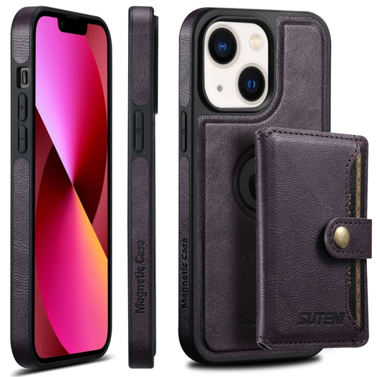 For iPhone 13 Suteni M1 Oil Wax MagSafe Detachable Horizontal Card Bag Phone Case(Purple) - iPhone 13 Cases by Suteni | Online Shopping UK | buy2fix