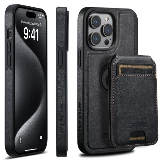 For iPhone 15 Pro Max Suteni M2 Oil Wax MagSafe Horizontal Card Bag Phone Case(Black) - iPhone 15 Pro Max Cases by Suteni | Online Shopping UK | buy2fix