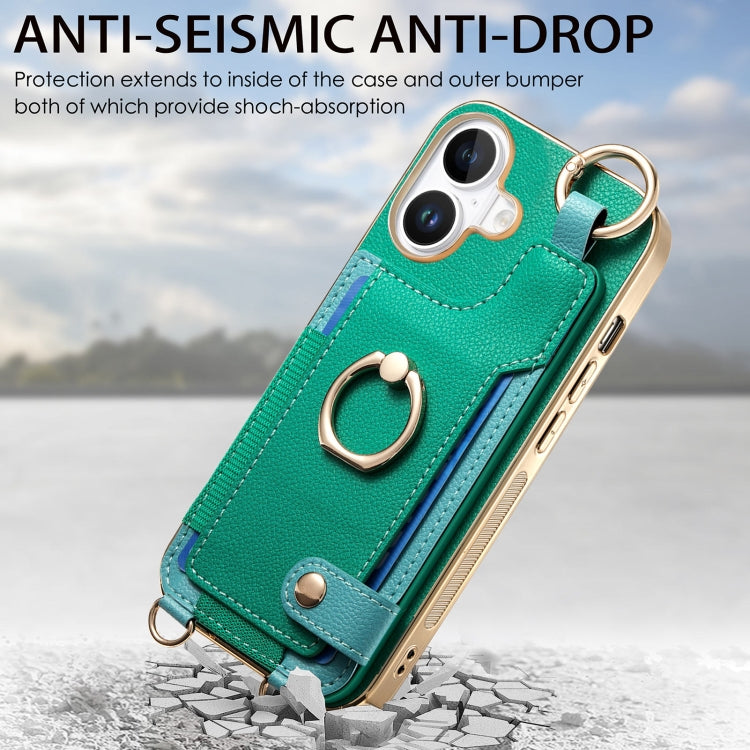 For iPhone 16 Fashion Ring Card Bag Phone Case with Hang Loop(Green) - iPhone 16 Cases by buy2fix | Online Shopping UK | buy2fix