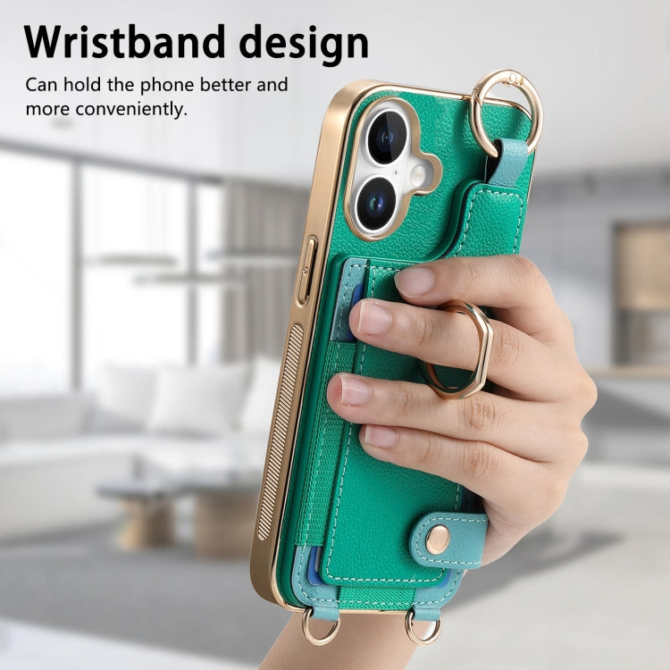 For iPhone 16 Plus Fashion Ring Card Bag Phone Case with Hang Loop(Green) - iPhone 16 Plus Cases by buy2fix | Online Shopping UK | buy2fix