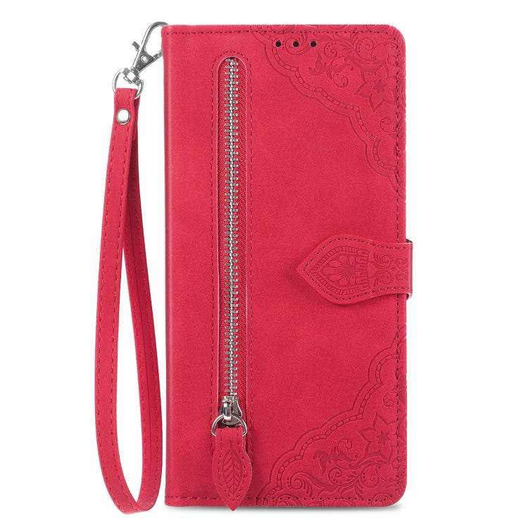 For Motorola Moto G Play 2024 Embossed Flower Zipper Leather Phone Case(Red) - Motorola Cases by buy2fix | Online Shopping UK | buy2fix