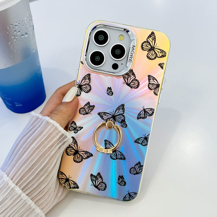 For iPhone 16 Electroplating Laser Butterfly Ring Holder Phone Case(Color Butterflies AB1) - iPhone 16 Cases by buy2fix | Online Shopping UK | buy2fix