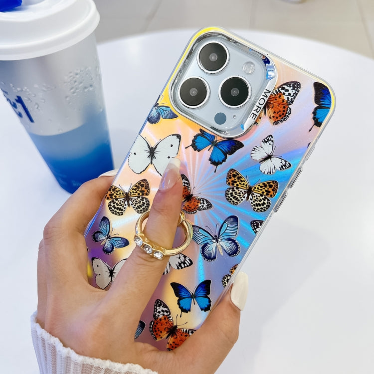 For iPhone 16 Pro Electroplating Laser Butterfly Ring Holder Phone Case(Blue Butterflies AB4) - iPhone 16 Pro Cases by buy2fix | Online Shopping UK | buy2fix