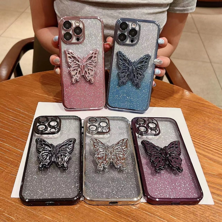 For iPhone 16 Pro Electroplated Gradient Glitter 3D Butterfly TPU Phone Case(Gradient Blue) - iPhone 16 Pro Cases by buy2fix | Online Shopping UK | buy2fix