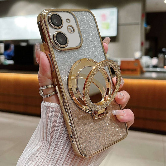 For iPhone 12 mini Plated Mirror Holder Gradient Glitter Magsafe Phone Case(Gold) - iPhone 12 mini Cases by buy2fix | Online Shopping UK | buy2fix