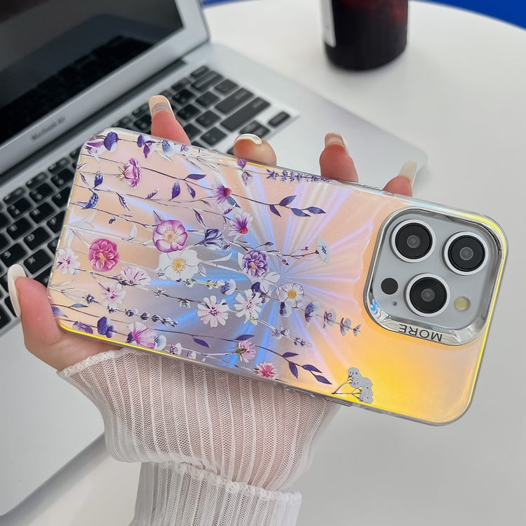 For iPhone 16 Pro Electroplating Laser Flower Texture TPU Phone Case(Blue Flower AH8) - iPhone 16 Pro Cases by buy2fix | Online Shopping UK | buy2fix