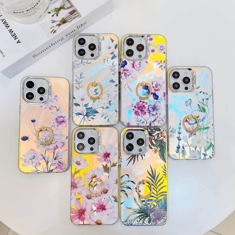 For iPhone 16 Plus Electroplating Laser Flower Ring Holder TPU Phone Case(Cosmos Flower AH7) - iPhone 16 Plus Cases by buy2fix | Online Shopping UK | buy2fix