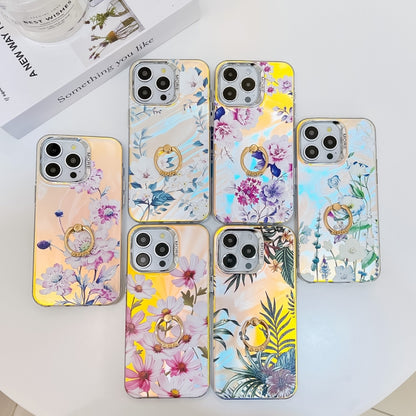 For iPhone 16 Electroplating Laser Flower Ring Holder TPU Phone Case(White Flower AH10) - iPhone 16 Cases by buy2fix | Online Shopping UK | buy2fix