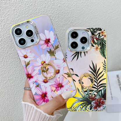 For iPhone 16 Pro Electroplating Laser Flower Ring Holder TPU Phone Case(Drawn Flowers AH3) - iPhone 16 Pro Cases by buy2fix | Online Shopping UK | buy2fix