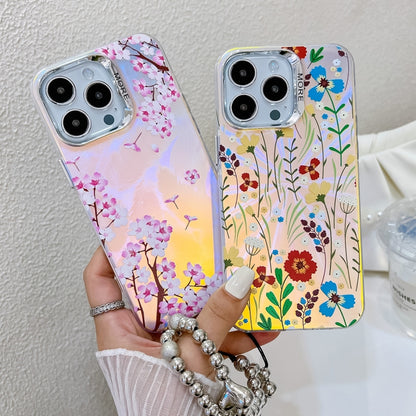 For iPhone 16 Electroplating Laser Flower Phone Case with Wrist Strap(Flower AH6) - iPhone 16 Cases by buy2fix | Online Shopping UK | buy2fix