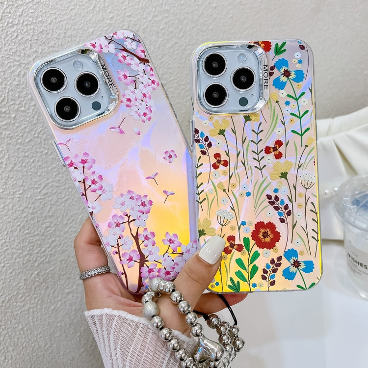 For iPhone 16 Plus Electroplating Laser Flower Phone Case with Wrist Strap(Cosmos Flower AH7) - iPhone 16 Plus Cases by buy2fix | Online Shopping UK | buy2fix