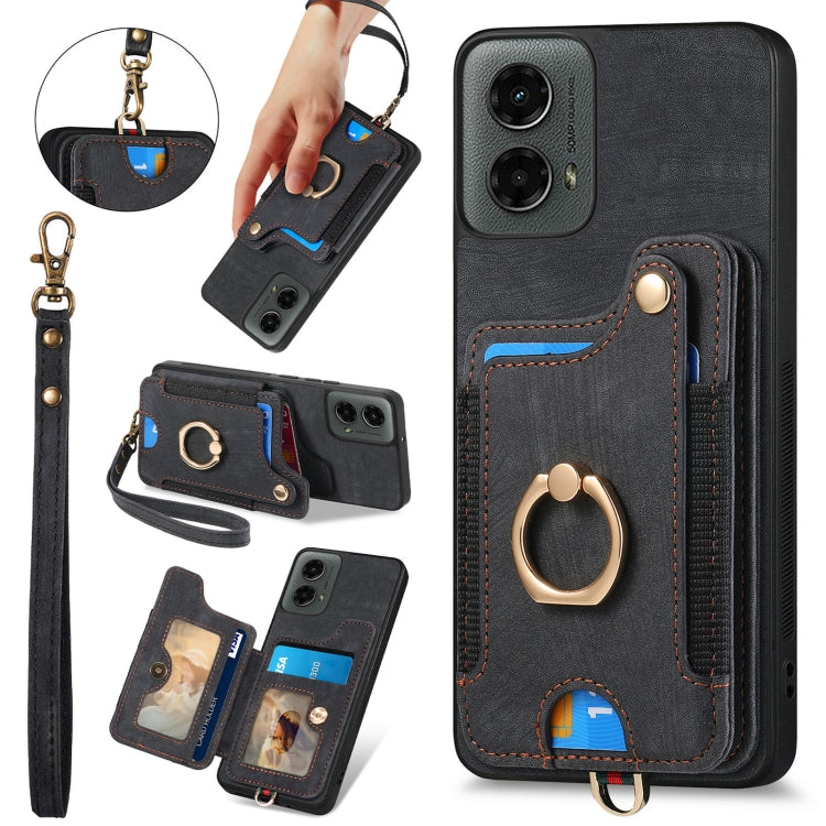 For Motorola Moto G 2024 Retro Skin-feel Ring Multi-card RFID Wallet Phone Case(Black) - Motorola Cases by buy2fix | Online Shopping UK | buy2fix