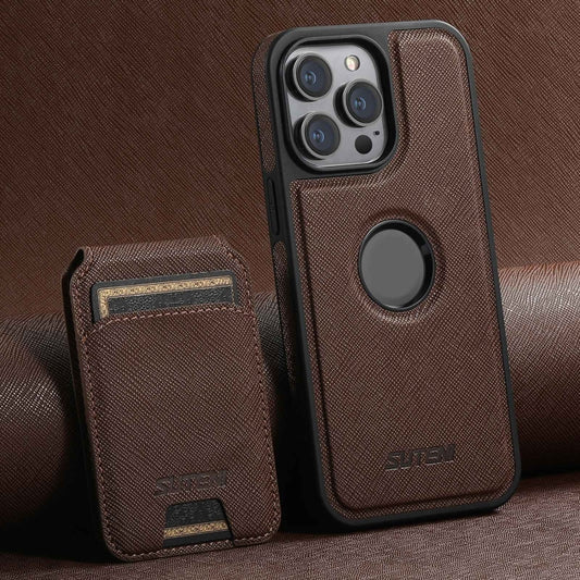 For iPhone 13 Pro Suteni M2 Cross-Grain MagSafe Vertical Card Back Phone Case(Brown) - iPhone 13 Pro Cases by Suteni | Online Shopping UK | buy2fix