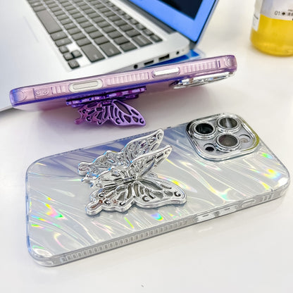 For iPhone 16 Pro Plating Glitter Texture Butterfly Holder TPU Phone Case with Lens Film(White Wrinkles) - iPhone 16 Pro Cases by buy2fix | Online Shopping UK | buy2fix