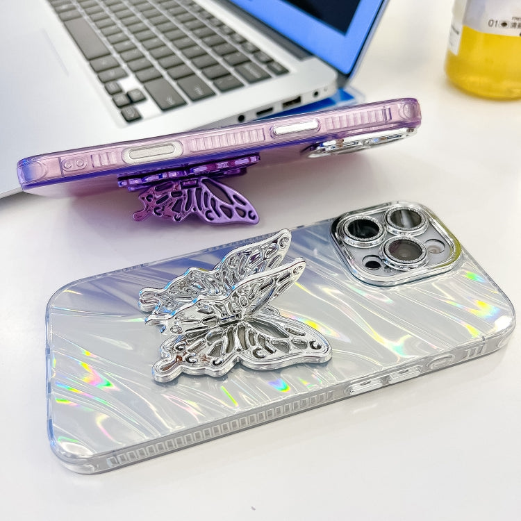 For iPhone 16 Pro Max Plating Glitter Texture Butterfly Holder TPU Phone Case with Lens Film(White Feather Yarn) - iPhone 16 Pro Max Cases by buy2fix | Online Shopping UK | buy2fix