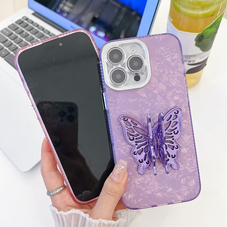 For iPhone 16 Pro Max Plating Glitter Texture Butterfly Holder TPU Phone Case with Lens Film(White Feathers) - iPhone 16 Pro Max Cases by buy2fix | Online Shopping UK | buy2fix